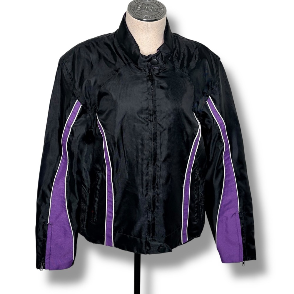 Vintage Hot Leathers Womens Black Purple Stripe Racing Motorcycle Jacket XL Y2K‎